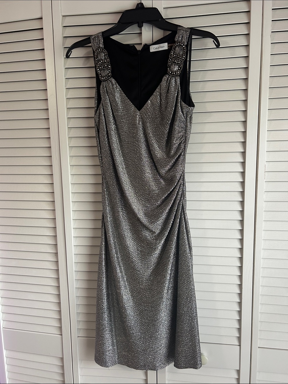 Calvin Klein Metallic Silver Midi Dress with Beaded Straps